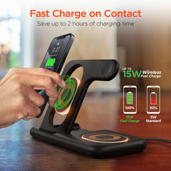 4-in-1 Foldable Wireless Charging Station with 15W Fast Charging – Wireless Charger Stand for iPhone, Apple Watch, AirPods & USB Devices – Portable Travel Charging Dock with LED Lights