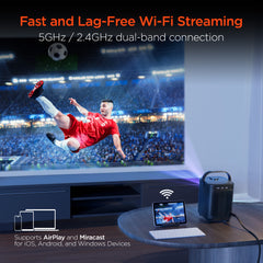 CineMini Portable Mini Projector with WiFi & Bluetooth – 720P HD Smart Projector with Built-In Streaming Apps, 200" Display, HDMI & AirPlay Compatible for Movies, Gaming & Home Theater