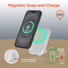 Mag Grip Go 5,000mAh Magnetic Wireless Power Bank – MagSafe-Compatible 15W Fast Charging Portable Charger with Built-In USB-C & Lightning Cables, Kickstand and 20W USB-C PD | White