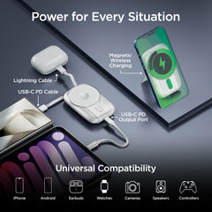 5,000mAh Magnetic Wireless Power Bank – MagSafe-Compatible 15W Fast Charging Portable Charger with Built-In USB-C & Lightning Cables, Kickstand and 20W USB-C PD | White