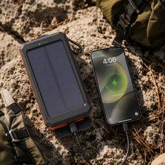 Solar Power Bank 10000mAh – 20W USB-C PD Fast Charging Portable Charger with Solar Panel, Flashlight, Compass, IPX5 Water Resistance & 3-Device Charging | Black & Orange