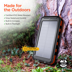 Solar Power Bank 10000mAh – 20W USB-C PD Fast Charging Portable Charger with Solar Panel, Flashlight, Compass, IPX5 Water Resistance & 3-Device Charging | Black & Orange
