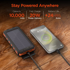 Solar Power Bank 10000mAh – 20W USB-C PD Fast Charging Portable Charger with Solar Panel, Flashlight, Compass, IPX5 Water Resistance & 3-Device Charging | Black & Orange