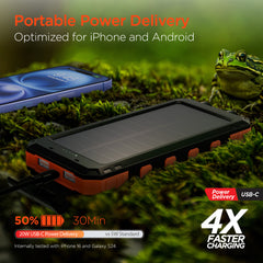 Solar Power Bank 10000mAh – 20W USB-C PD Fast Charging Portable Charger with Solar Panel, Flashlight, Compass, IPX5 Water Resistance & 3-Device Charging | Black & Orange
