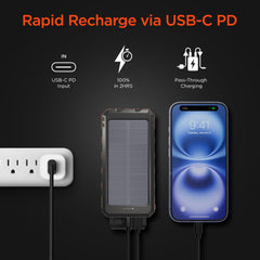 Solar Power Bank 10000mAh – 20W USB-C PD Fast Charging Portable Charger with Solar Panel, Flashlight, Compass, IPX5 Water Resistance & 3-Device Charging | Black & Orange