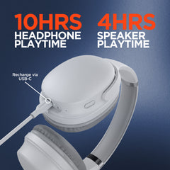 Flip 2-in-1 Wireless Bluetooth Headphones & Portable Speaker – Over-Ear Headphones with HD Stereo Sound, Built-In Speaker Mode, Memory Foam Ear Cushions, FM Radio & 10-Hour Battery Life | White