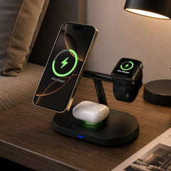 3-in-1 Magnetic Wireless Charging Stand – MagSafe-Compatible 15W Fast Charger for iPhone, Apple Watch & AirPods with Magnetic Alignment and StandBy Mode Support | Black