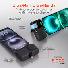 Power Pack Nano 5000mAh Power Bank with Built-In Apple Watch Charger – Ultra-Mini Portable Charger with Dual USB-C Connectors, 20W PD Fast Charging & Kickstand | Black