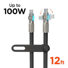 100W USB-C to USB-C Fast Charging Cable – 12ft Rugged Braided Cable with Dual 180° Rotating Connectors, LED Indicators & PD Fast Charge for iPhone 15/16, Samsung, iPad, MacBook & More | Black