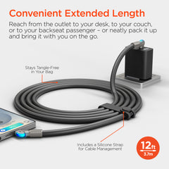 100W USB-C to USB-C Fast Charging Cable – 12ft Rugged Braided Cable with Dual 180° Rotating Connectors, LED Indicators & PD Fast Charge for iPhone 15/16, Samsung, iPad, MacBook & More | Black