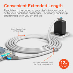 100W USB-C to USB-C Fast Charging Cable – 12ft Rugged Braided Cable with Dual 180° Rotating Connectors, LED Indicators & PD Fast Charge for iPhone 15/16, Samsung, iPad, MacBook & More | White