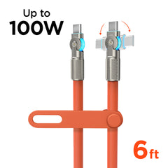 100W USB-C to USB-C Fast Charging Cable – 6ft Rugged Braided Cable with Dual 180° Rotating Connectors, LED Indicators & PD Fast Charge for iPhone 15/16, Samsung, iPad, MacBook & More | Orange