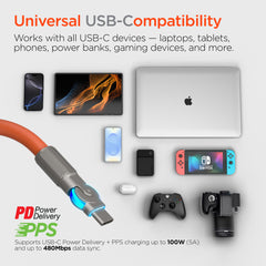 100W USB-C to USB-C Fast Charging Cable – 6ft Rugged Braided Cable with Dual 180° Rotating Connectors, LED Indicators & PD Fast Charge for iPhone 15/16, Samsung, iPad, MacBook & More | Orange