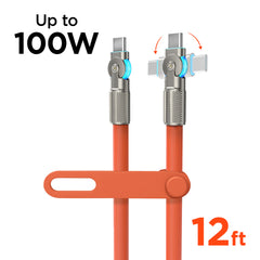 100W USB-C to USB-C Fast Charging Cable – 12ft Rugged Braided Cable with Dual 180° Rotating Connectors, LED Indicators & PD Fast Charge for iPhone 15/16, Samsung, iPad, MacBook & More | Orange