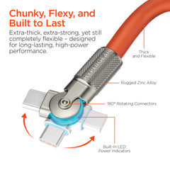 100W USB-C to USB-C Fast Charging Cable – 12ft Rugged Braided Cable with Dual 180° Rotating Connectors, LED Indicators & PD Fast Charge for iPhone 15/16, Samsung, iPad, MacBook & More | Orange