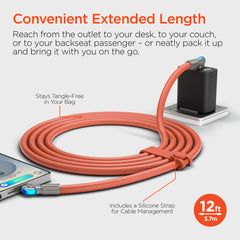 100W USB-C to USB-C Fast Charging Cable – 12ft Rugged Braided Cable with Dual 180° Rotating Connectors, LED Indicators & PD Fast Charge for iPhone 15/16, Samsung, iPad, MacBook & More | Orange