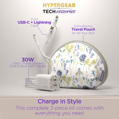 30W USB-C Fast Charging Kit with Travel Pouch – GaN Wall Charger, 6ft USB-C to USB-C & Lightning Cable, Floral Tech Organizer Set for iPhone, Samsung, iPad & More