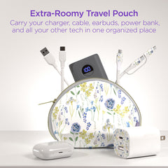 30W USB-C Fast Charging Kit with Travel Pouch – GaN Wall Charger, 6ft USB-C to USB-C & Lightning Cable, Floral Tech Organizer Set for iPhone, Samsung, iPad & More