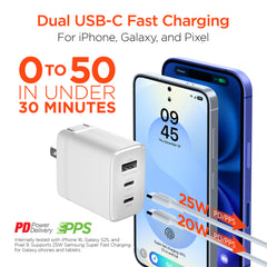 45W GaN USB-C Wall Charger with 6ft USB-C Cable – Dual USB-C PD PPS & USB-A Fast Charging Adapter – 3-Port Charger for iPhone, Samsung, iPad, MacBook Air & More