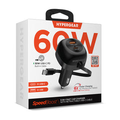 3-in-1 Fast Car Charger with Retractable USB-C Cable – 60W USB-C PD Car Charger with Dual USB-C & USB-A Ports – Fast Charging Adapter for iPhone, Android, Tablets & Laptops