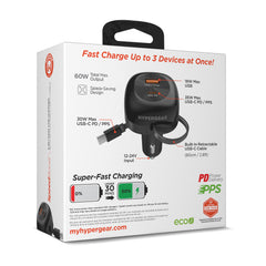 3-in-1 Fast Car Charger with Retractable USB-C Cable – 60W USB-C PD Car Charger with Dual USB-C & USB-A Ports – Fast Charging Adapter for iPhone, Android, Tablets & Laptops