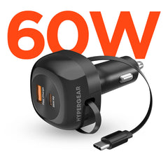 3-in-1 Fast Car Charger with Retractable USB-C Cable – 60W USB-C PD Car Charger with Dual USB-C & USB-A Ports – Fast Charging Adapter for iPhone, Android, Tablets & Laptops