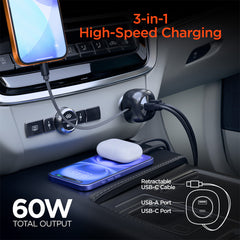 3-in-1 Fast Car Charger with Retractable USB-C Cable – 60W USB-C PD Car Charger with Dual USB-C & USB-A Ports – Fast Charging Adapter for iPhone, Android, Tablets & Laptops