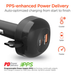 3-in-1 Fast Car Charger with Retractable USB-C Cable – 60W USB-C PD Car Charger with Dual USB-C & USB-A Ports – Fast Charging Adapter for iPhone, Android, Tablets & Laptops