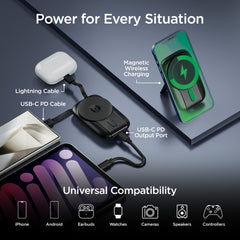 Mag Grip Go 5,000mAh Magnetic Wireless Power Bank – MagSafe-Compatible 15W Fast Charging Portable Charger with Built-In USB-C & Lightning Cables, 20W USB-C PD and Foldable Kickstand | Black