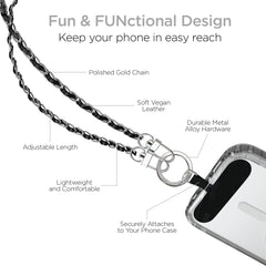 Universal Crossbody Phone Strap – Silver Chain & Black Vegan Leather Phone Lanyard – Adjustable Hands-Free Phone Holder for iPhone, Samsung Galaxy, Pixel & Most Phone Cases
