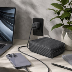 30W USB-C Fast Charging Kit with Travel Pouch – GaN Wall Charger, 6ft USB-C to USB-C & Lightning Cable, Carbon Fiber Tech Organizer Set for iPhone, Samsung, iPad & More