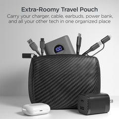 30W USB-C Fast Charging Kit with Travel Pouch – GaN Wall Charger, 6ft USB-C to USB-C & Lightning Cable, Carbon Fiber Tech Organizer Set for iPhone, Samsung, iPad & More