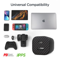 30W USB-C Fast Charging Kit with Travel Pouch – GaN Wall Charger, 6ft USB-C to USB-C & Lightning Cable, Carbon Fiber Tech Organizer Set for iPhone, Samsung, iPad & More