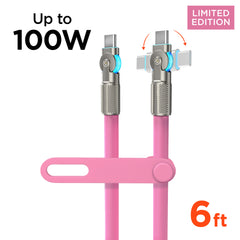 100W USB-C to USB-C Fast Charging Cable – 6ft Rugged Braided Cable with Dual 180° Rotating Connectors, LED Indicators & PD Fast Charge for iPhone 15/16, Samsung, iPad, MacBook & More | Pink