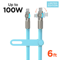 100W USB-C to USB-C Fast Charging Cable – 6ft Rugged Braided Cable with Dual 180° Rotating Connectors, LED Indicators & PD Fast Charge for iPhone 15/16, Samsung, iPad, MacBook & More | Sky Blue