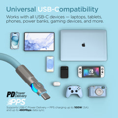 100W USB-C to USB-C Fast Charging Cable – 6ft Rugged Braided Cable with Dual 180° Rotating Connectors, LED Indicators & PD Fast Charge for iPhone 15/16, Samsung, iPad, MacBook & More | Sky Blue