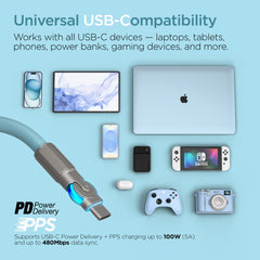 100W USB-C to USB-C Fast Charging Cable – 12ft Rugged Braided Cable with Dual 180° Rotating Connectors, LED Indicators & PD Fast Charge for iPhone 15/16, Samsung, iPad, MacBook & More | Sky Blue