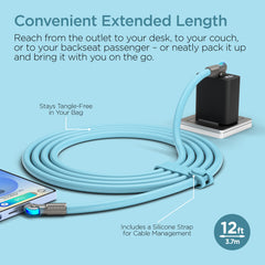 100W USB-C to USB-C Fast Charging Cable – 12ft Rugged Braided Cable with Dual 180° Rotating Connectors, LED Indicators & PD Fast Charge for iPhone 15/16, Samsung, iPad, MacBook & More | Sky Blue
