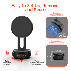 Magnetic Phone Mount – MagSafe-Compatible Vacuum Suction Phone Holder for Desk, Mirror, Glass, Countertops, Dashboard & More, Foldable Portable Design | Black