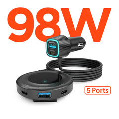 98W 5-Port Fast Car Charger with Backseat Charging Hub – Dual 30W USB-C PD PPS & USB-A Ports – Multi-Device Car Charger for iPhone, Android, Tablets & Laptops