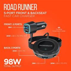 98W 5-Port Fast Car Charger with Backseat Charging Hub – Dual 30W USB-C PD PPS & USB-A Ports – Multi-Device Car Charger for iPhone, Android, Tablets & Laptops