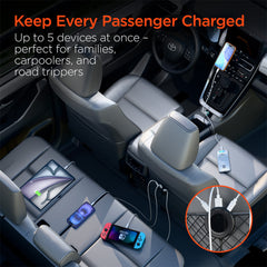98W 5-Port Fast Car Charger with Backseat Charging Hub – Dual 30W USB-C PD PPS & USB-A Ports – Multi-Device Car Charger for iPhone, Android, Tablets & Laptops