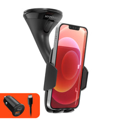 Compact Windshield Phone Mount Car Charger Kit – 3-in-1 Car Phone Holder with 20W USB-C PD Fast Charger, 3ft USB-C Cable, Suction Mount & 360° Rotating Cradle | Black