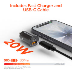Compact Windshield Phone Mount Car Charger Kit – 3-in-1 Car Phone Holder with 20W USB-C PD Fast Charger, 3ft USB-C Cable, Suction Mount & 360° Rotating Cradle | Black