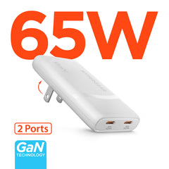 65W Dual USB-C GaN Wall Charger – Ultra-Slim Fast Charger with USB-C PD PPS, Foldable Prongs & Dual-Port Charging for MacBook, iPhone, Samsung, iPad & More