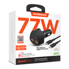 77W Quad-Port Fast Car Charger with 4ft USB-C Cable – Dual 30W USB-C PD PPS & Dual USB-A Ports – 4 Device Fast Charging Adapter for iPhone, Samsung, Android, Tablets & Laptops