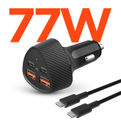 77W Quad-Port Fast Car Charger with 4ft USB-C Cable – Dual 30W USB-C PD PPS & Dual USB-A Ports – 4 Device Fast Charging Adapter for iPhone, Samsung, Android, Tablets & Laptops