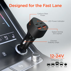 77W Quad-Port Fast Car Charger with 4ft USB-C Cable – Dual 30W USB-C PD PPS & Dual USB-A Ports – 4 Device Fast Charging Adapter for iPhone, Samsung, Android, Tablets & Laptops