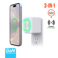 3-in-1 Magnetic Wireless Charger with Dual USB-C PD Ports – 15W MagSafe-Compatible Fast Charging Station, 40W GaN Wall Charger for iPhone, AirPods, Apple Devices & More | White