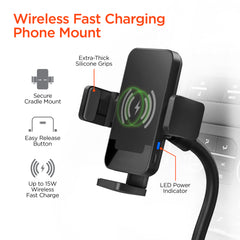 15W Wireless Car Charger Phone Mount – Cup Holder Phone Holder with Fast Wireless Charging, Flexible Gooseneck, One-Hand Operation & 360° Rotation for iPhone & Android | Black